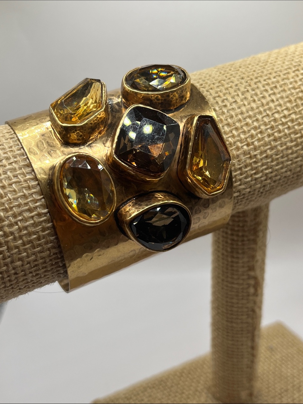 Gold-Tone Hammered Cuff Bracelet with Amber and Smoky Stones